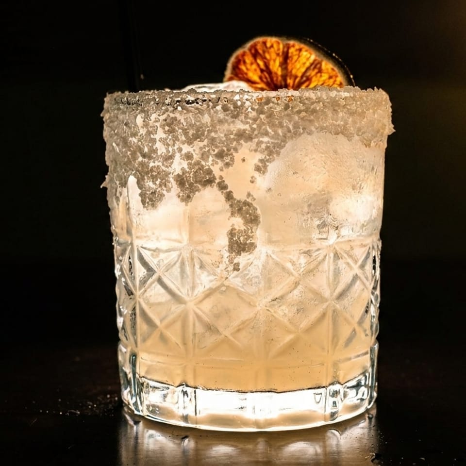 A light-colored cocktail in a textured glass with a salted rim and blood orange garnish.