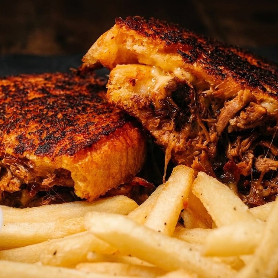Grilled pulled pork sandwich with melted cheese, served with golden fries and dipping sauce.
