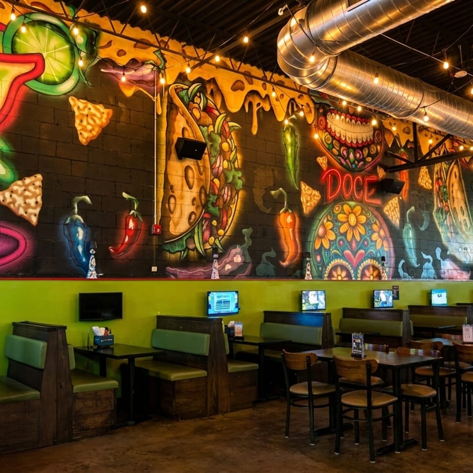 Lively restaurant interior featuring colorful murals of Mexican food and sugar skulls, with booths and tables.
